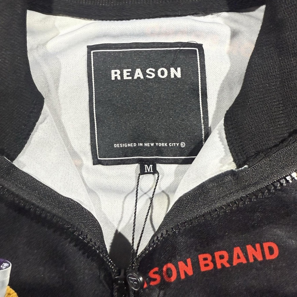 Reason Brand Jacket Mens Medium Black Bear Print Track Full Zip Streetwear - Picture 2 of 6